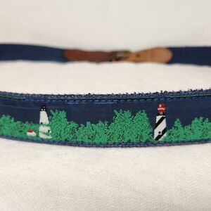 Leather Man LTD Lighthouse Belt 42 Navy Woven Leather Solid Brass Buckle USA